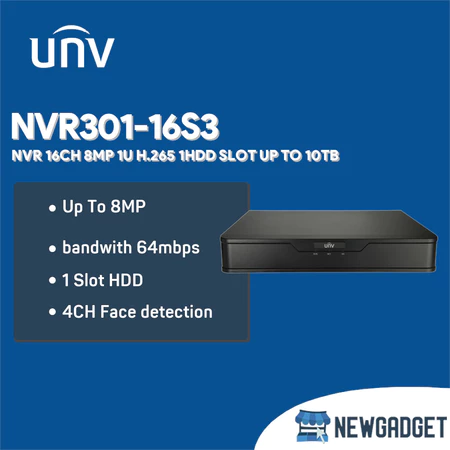 UNV NVR301-16S3 NVR 16CH 8MP 1U H.265 1HDD SLOT UP TO 10TB + NVR301-16S3
