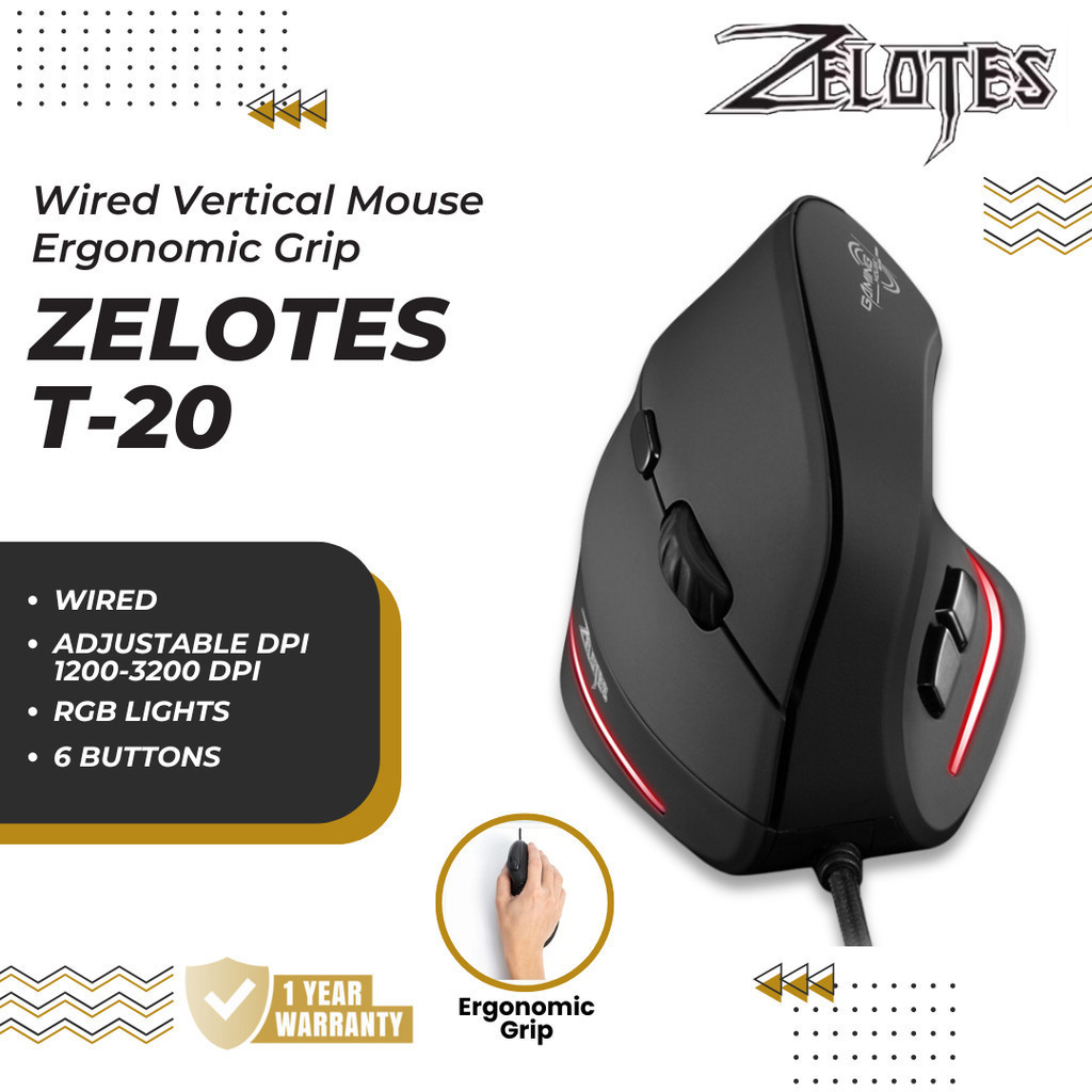 Jual Zelotes T20 USB Wired Vertical Ergonomic Gaming Mouse | 4 DPI ...