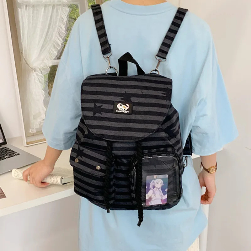 Jual Nordic Simple Striped Backpack for Women with PVC Display Panel ...