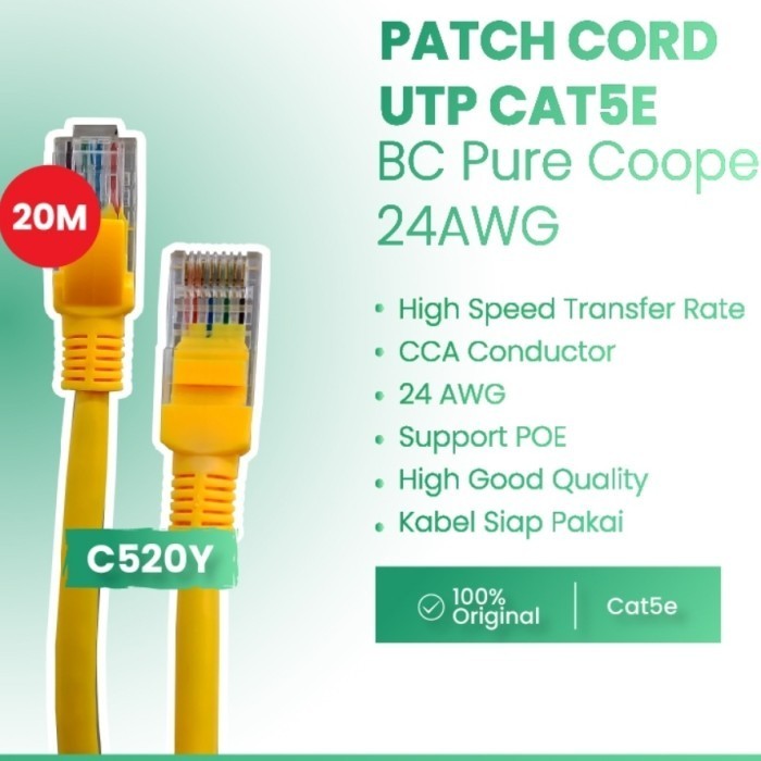 Jual KABEL LAN 20M PATCH CORD UTP 20Meter Lengkap RJ45 Cat5 - KUNING ...