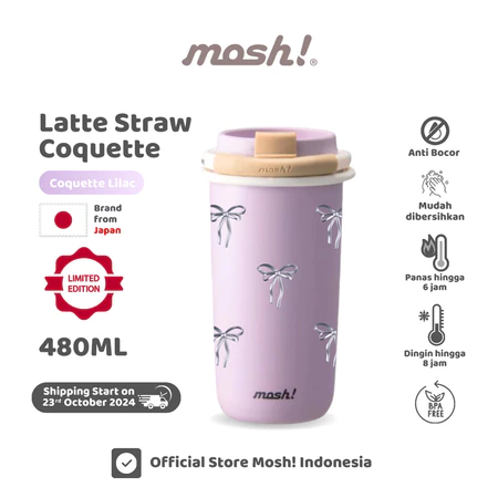 Mosh Straw Latte Tumbler - Botol Minum Stainless Steel 480ML - Coquette Lilac [LIMITED EDITION]