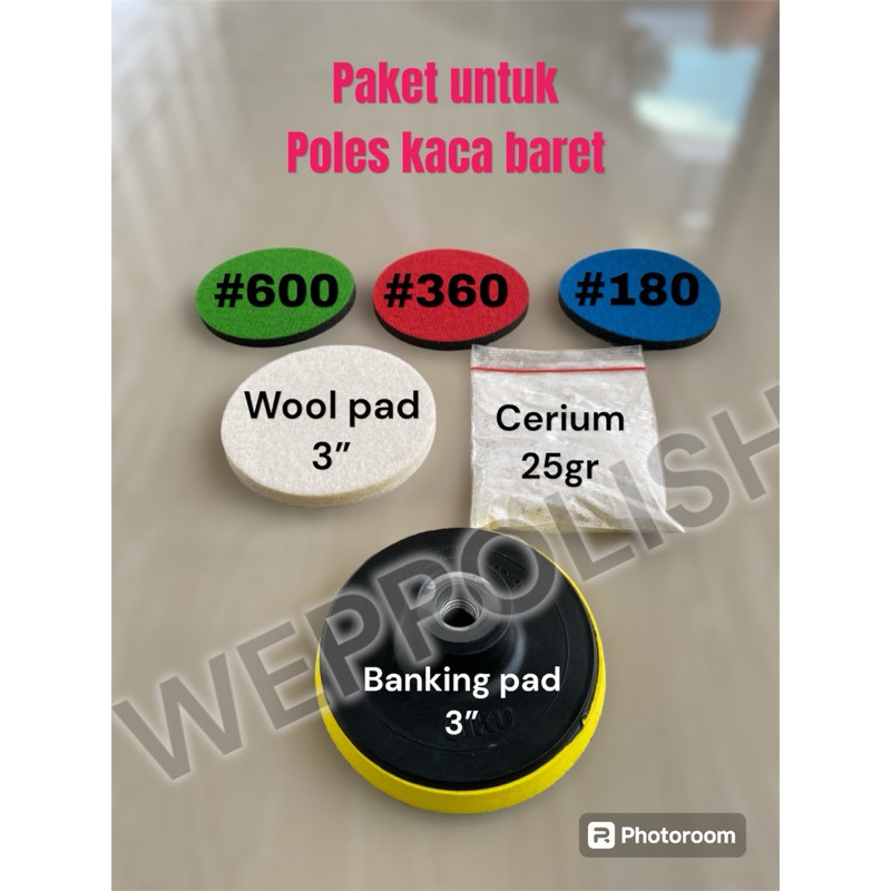 Jual paket poles kaca baret (3 amplas kaca, cerium, pad kaca, backing ...