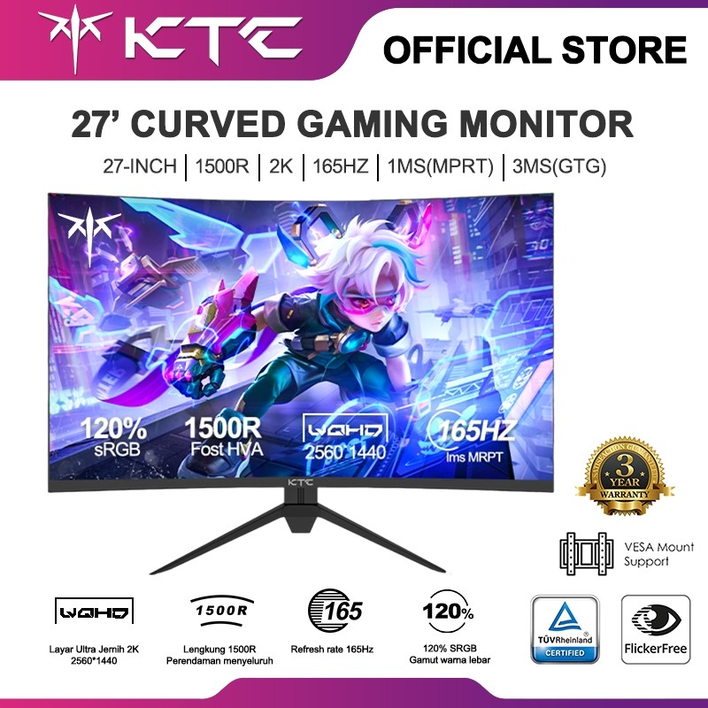 Jual KTC Monitor gaming KTC 27inci 1500R 2K refresh tinggi 165Hz 1MS ...