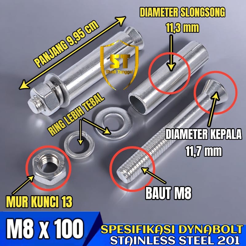 Jual DYNABOLT SS 201 M8x100 - DINABOLT - ANCHOR BOLT STAINLESS | Shopee ...