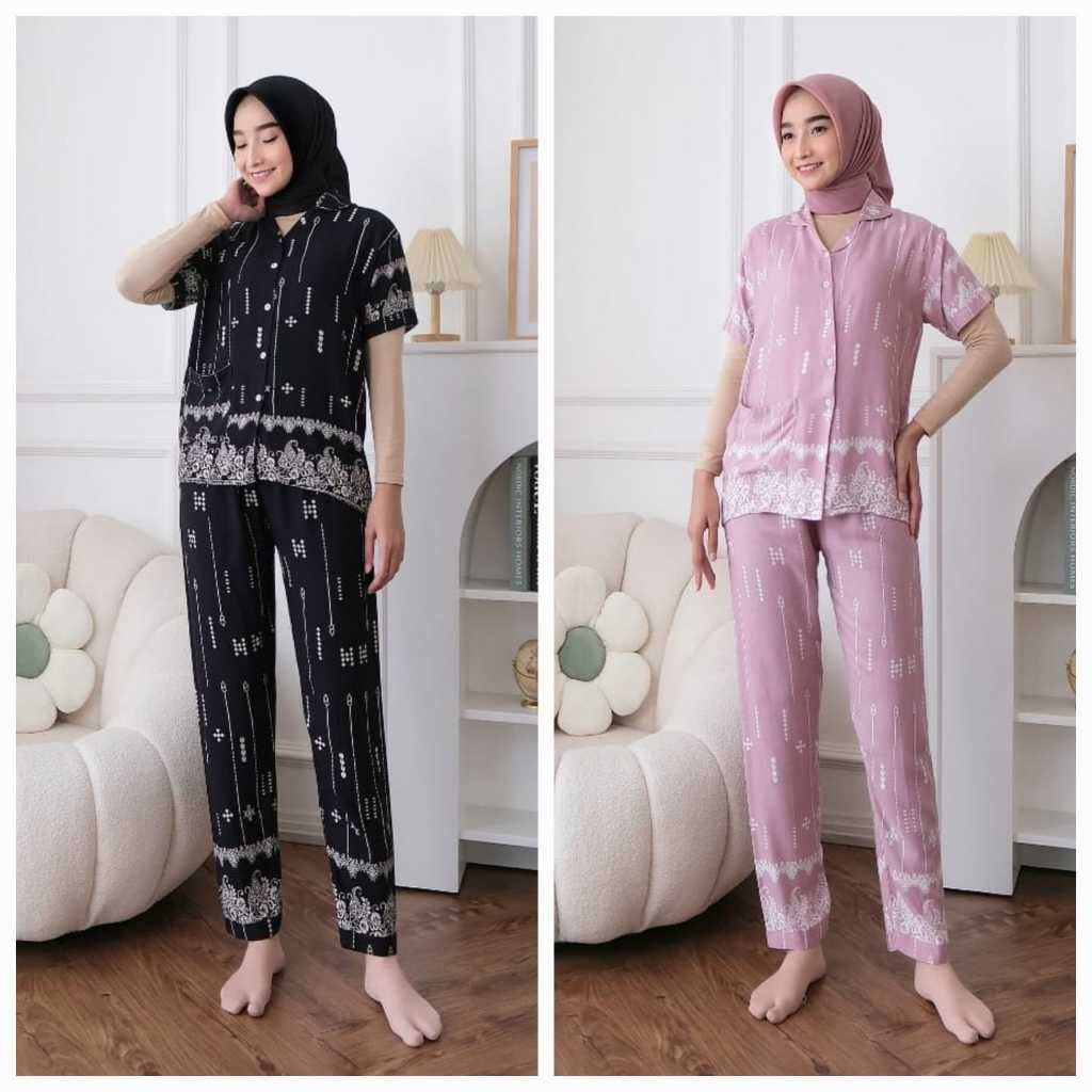Jual Set Piyama Wanita Lista Lengan Pendek Motif Bunga Baju Tidur ...