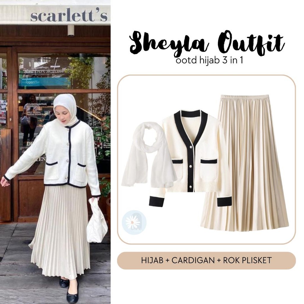 Jual One Set Hijab 3in1 Setelan OOTD Terbaru [Rok Plisket Cardigan
