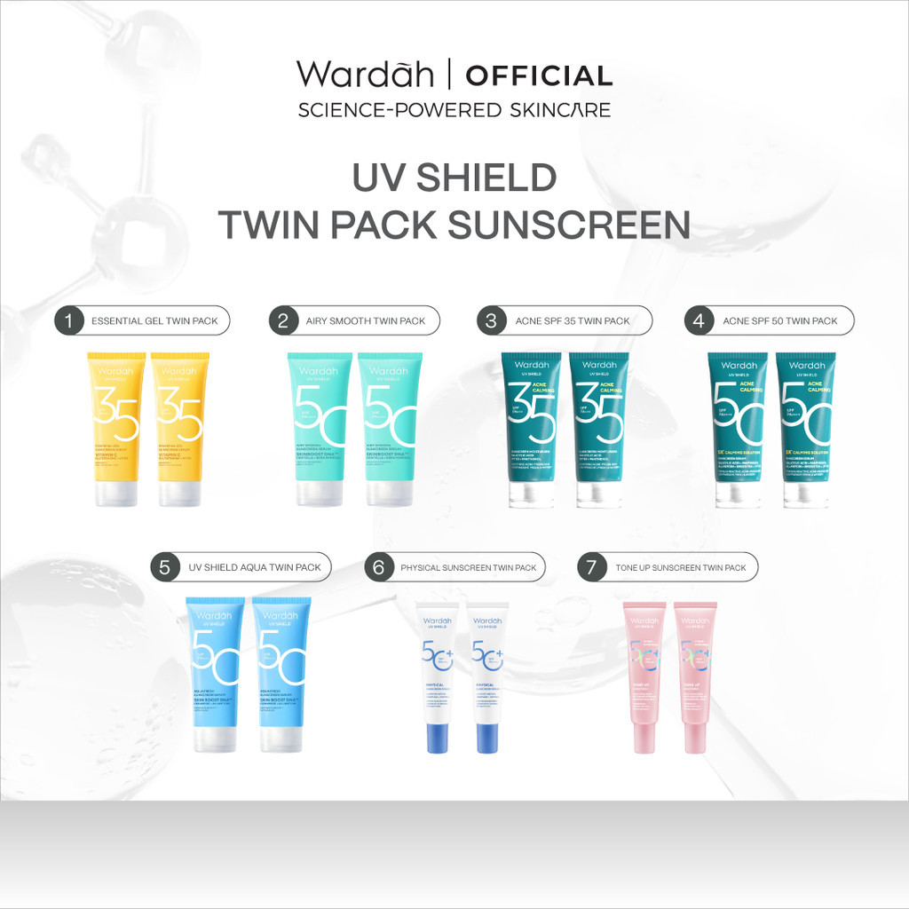 [TWINPACK] Wardah UV Shield Airy Smooth, Acne Calming, Aqua Fresh, Essential, Tone Up, Physical Sunscreen - Sunscreen Wajah SPF 35 PA+++ dan SPF 50 PA++++ - No White Cast, Non-comedogenic