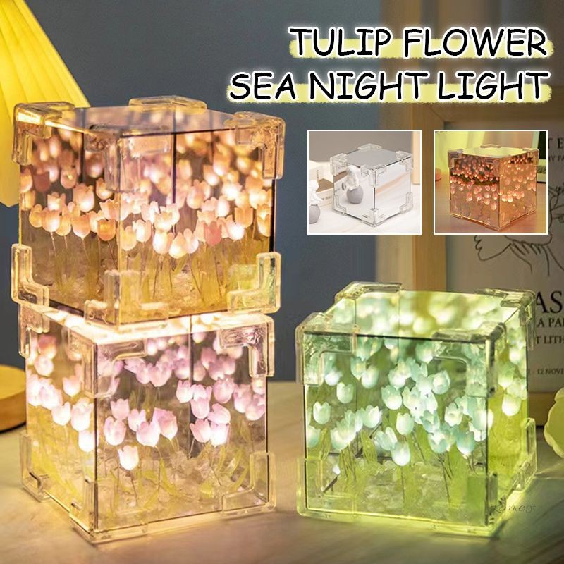 Paket Bahan Buatan Tangan Lampu Malam Laut Bunga Tulip Cermin Ajaib 3D Hadiah Pasangan Sahabat /komey