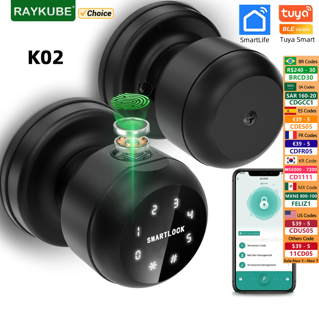 Jual Raykube K02 Round Knob Fingerprint Smart Lock Tuya Bluetooth 