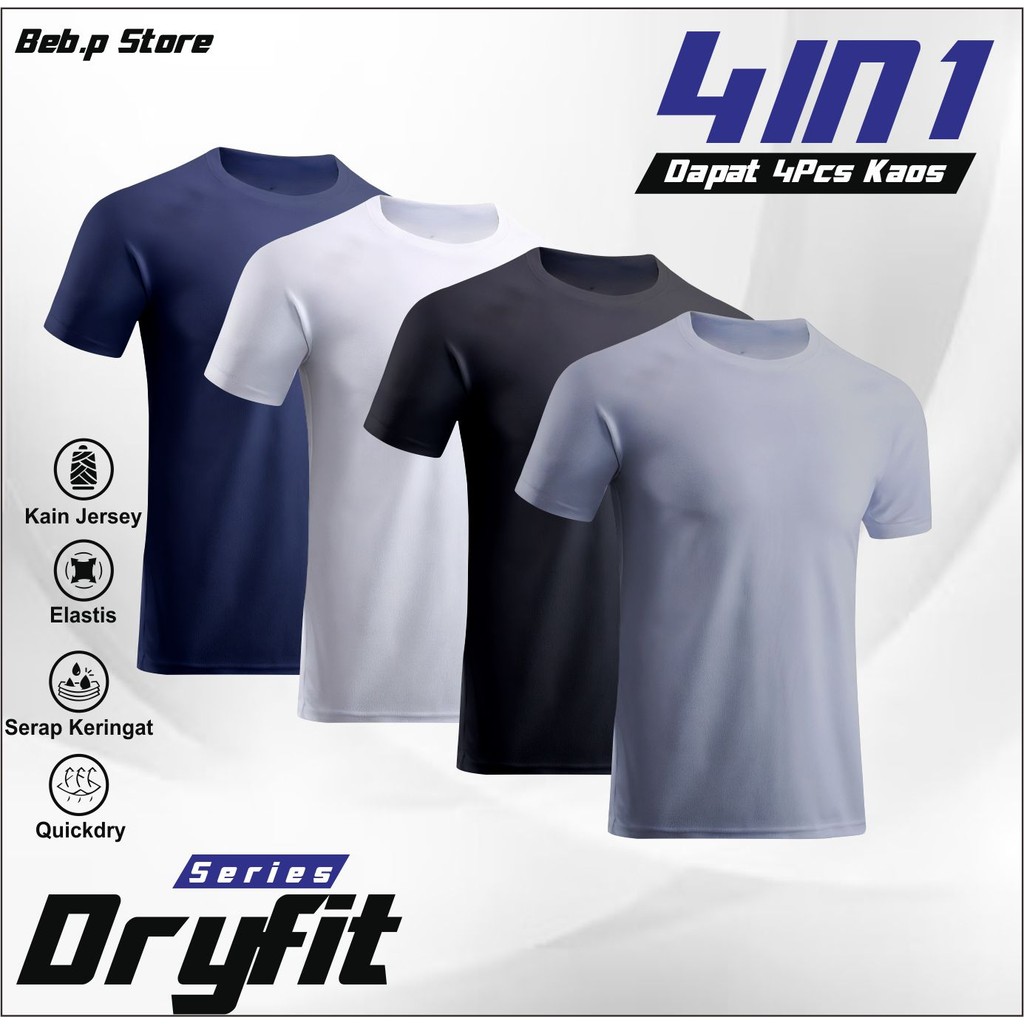 Jual Paket 4 Baju Olahraga Dryfit Polos Nyaman Cepat Kering Kaos gym