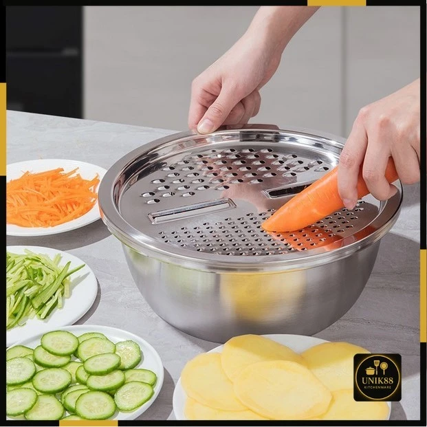[UNIK88] BASKOM PARUTAN SET 3 IN 1 STAINLESS - PARUTAN SERBAGUNA PENGIRIS SAYURAN BUAH BASKOM | AutoStock
