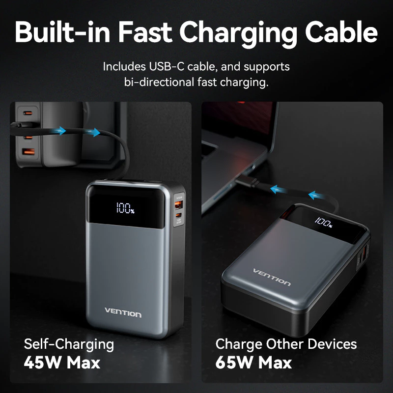 Vention Travel Powerbank Built in Cable USB Type C 20000mAh Fast Charging 65W Android Laptop Macbook