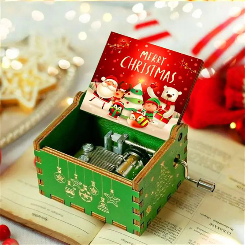 Jual Merry Christmas Music Box Wooden Metal Movement Handheld Christmas