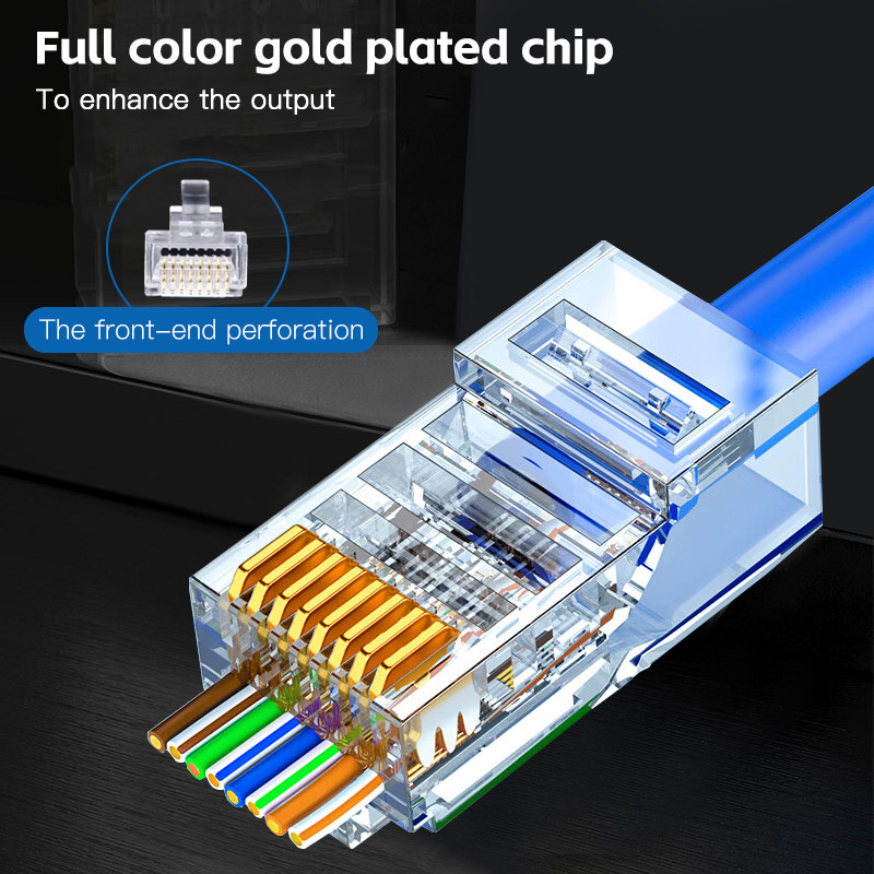 Jual 50pcs RJ45 Cat6 Connector Gold Plated Pass Through Ethernet Cables ...