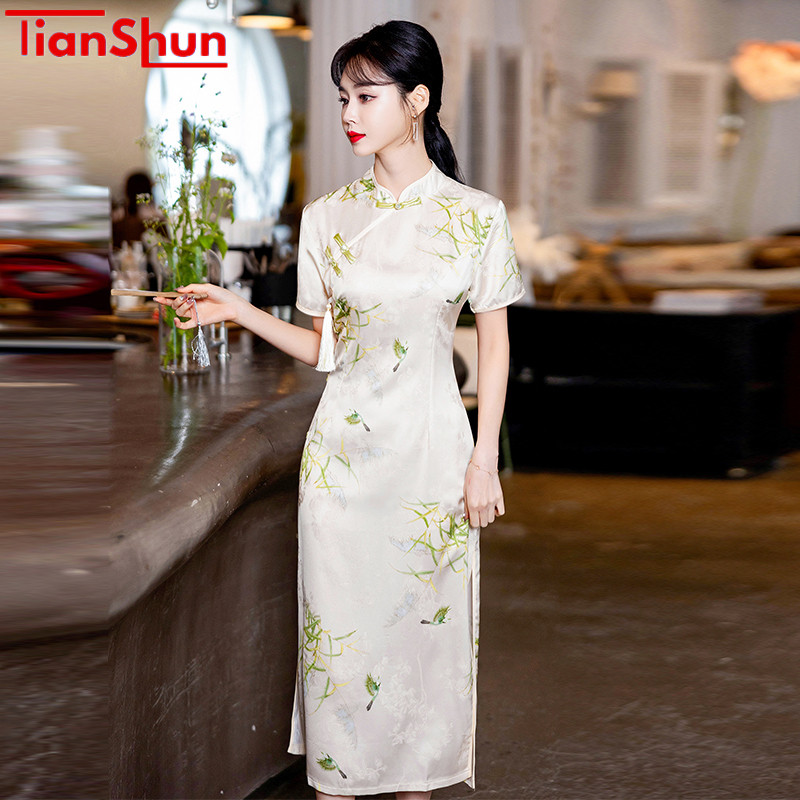 Jual TianShun Fresh Bamboo Leaf Printed Modern Cheongsam Summer ...