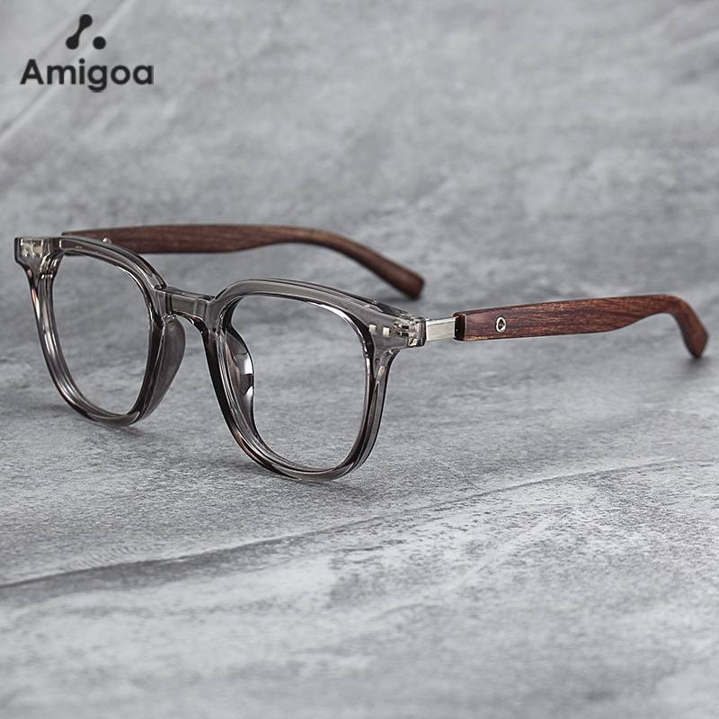 AMIGOA Kacamata Premium Retro dengan lensa fotokromik dan bingkai kayu butir beras elegan