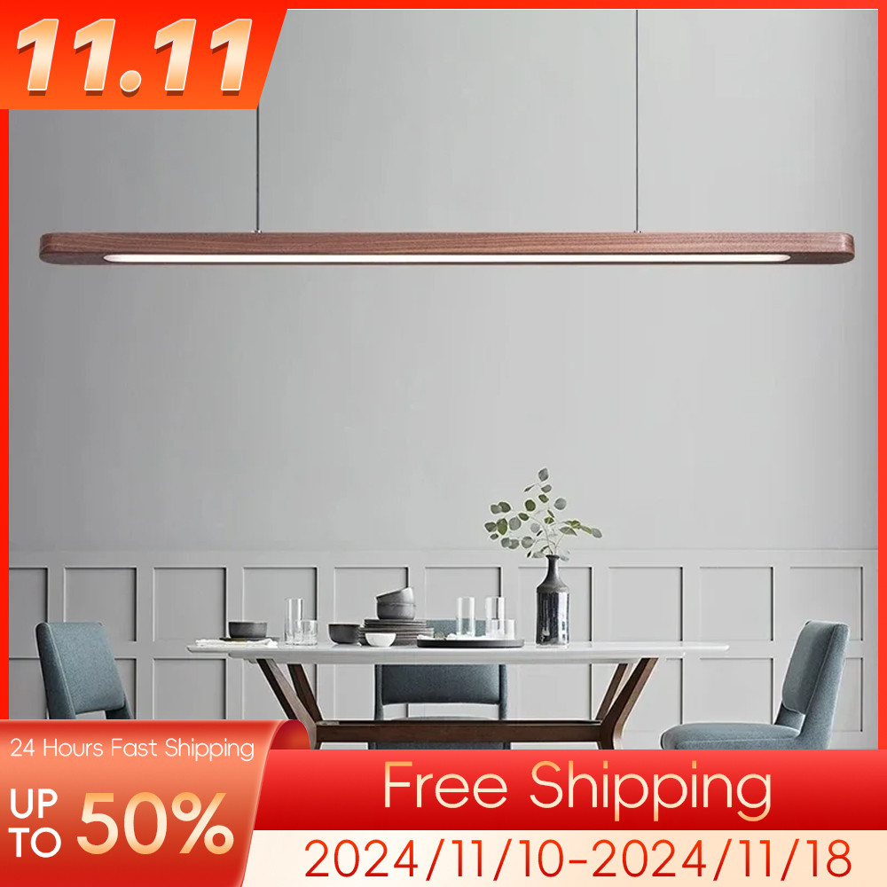 Jual Wood Long Strip Dining Table Lamp Wooden Pendant Light LED Ceiling ...