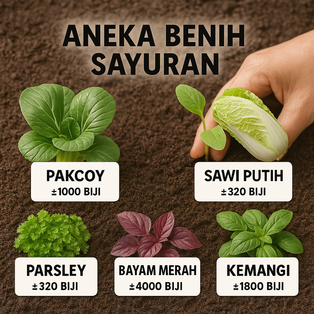 Paket Benih Sayuran Lengkap –Bibit Biji Benih Kangkung, Bayam, Sawi, Tomat, Cabe – Cocok Untuk Pemula