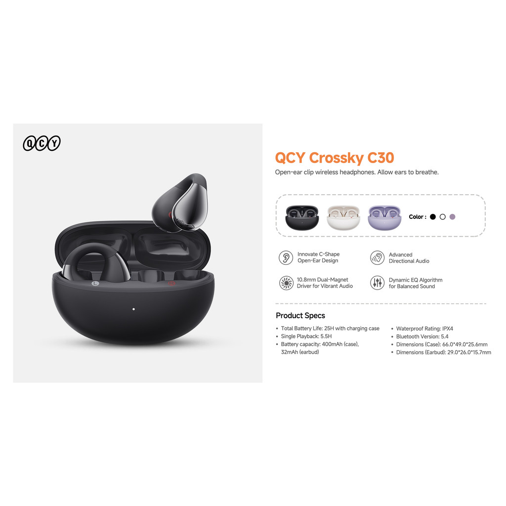 Fones de Ouvido Abertos QCY Crossky C30, Fones Bluetooth 5.4 com Clipe, Conforto Leve, Ajuste Estável, 25 Horas de Reprodução (Preto