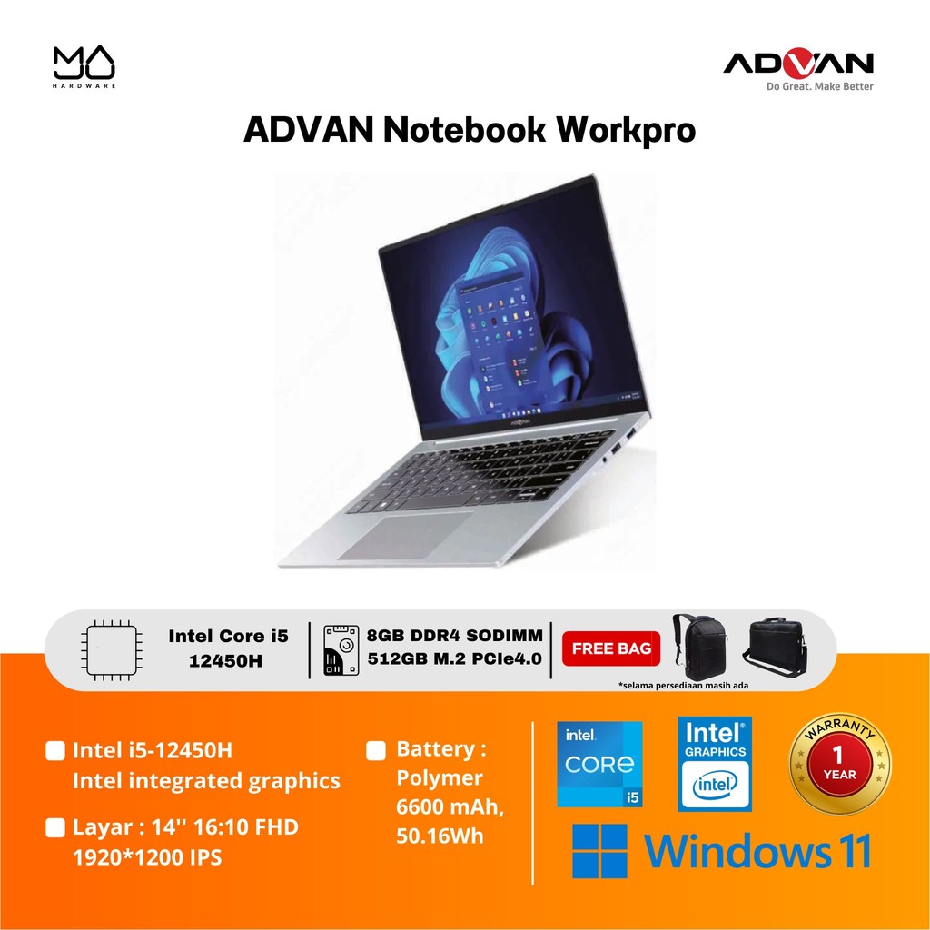 Jual Laptop ADVAN Workpro Intel Core i5-12450H 8/256 SSD 14