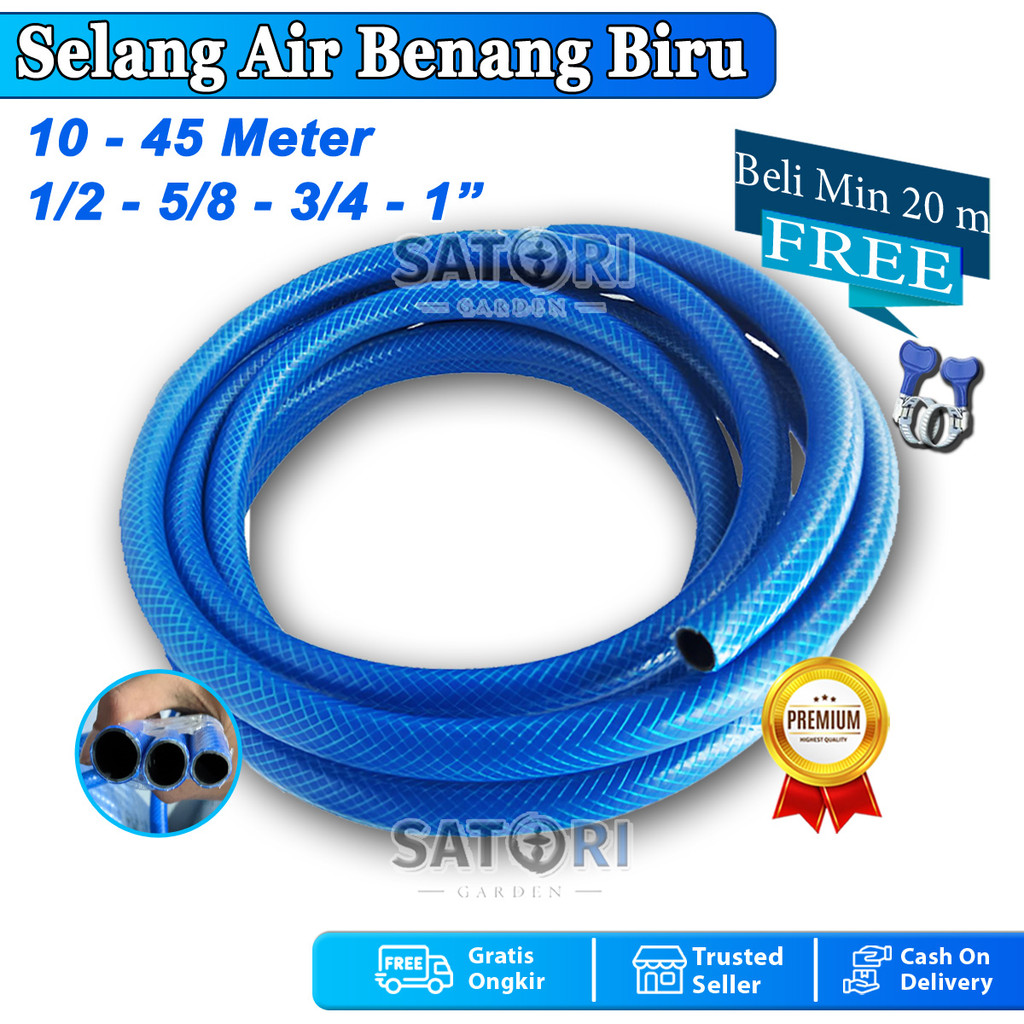 Selang Air Taman Benang Biru Anti Lumut Tebal 1/2 5/8 3/4 1 inch 10 - 45 Meter Alat Cuci Motor Mobil