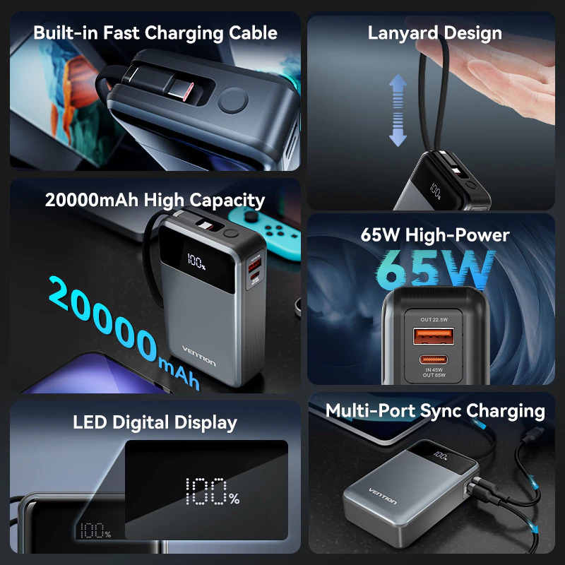 Vention Travel Powerbank Built in Cable USB Type C 20000mAh Fast Charging 65W Android Laptop Macbook