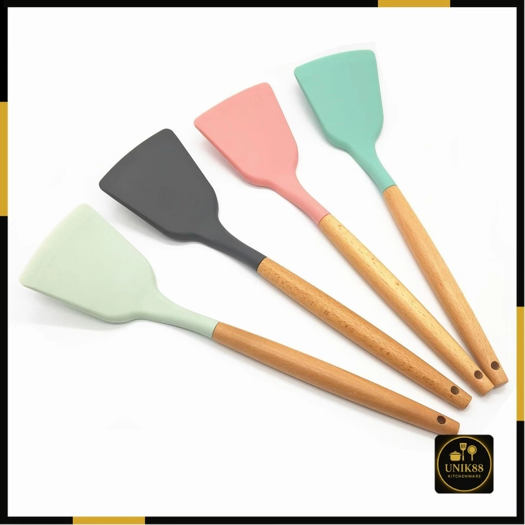 [UNIK88] Spatula Silicone Utensil Gagang Kayu Tahan Panas / Spatula Silicon / Sutil | AutoStock