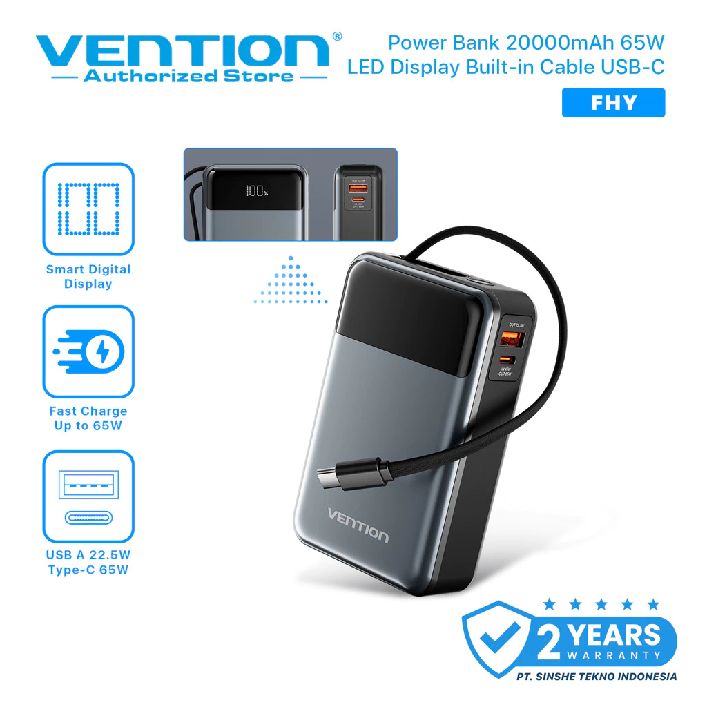 Vention Travel Powerbank Built in Cable USB Type C 20000mAh Fast Charging 65W Android Laptop Macbook