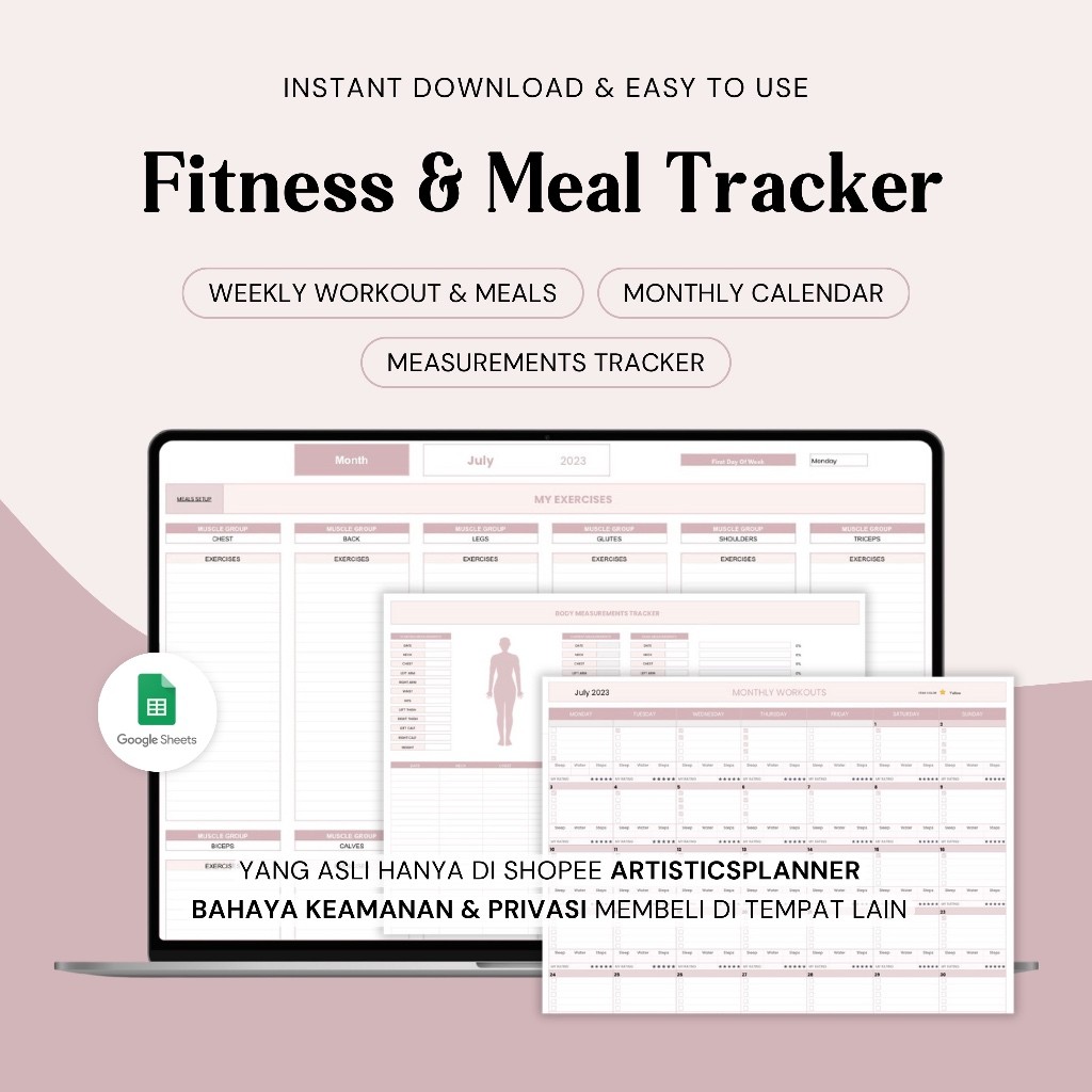 Jual Fitness & Meal Planner Spreadsheet Workouts Tracker Google