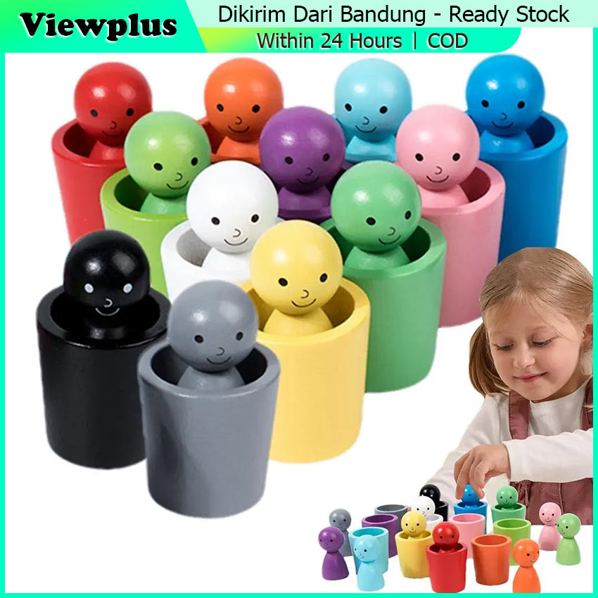 Jual 12Pcs Peg Dolls And Cups For Coloured Matching Handcrafted Mainan ...