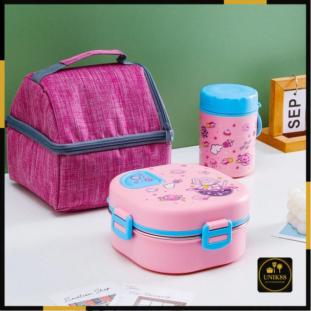 [UNIK88] Kotak Makan 3 Sekat Stainless Steel Free Botol Minum + Tas | AutoStock