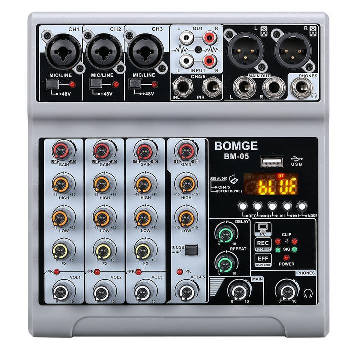 Professionele audio-DJ-mixconsole met 6 BOMGE-kanalen, karaoke met MP3- ingang, USB, Bluetooth-ingang, stereo-aansluiting, 48V fantoomvoeding, 99 DSP-processor(zwart