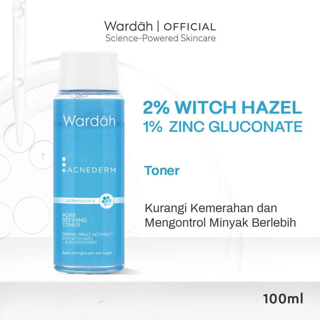 Wardah 2% Witch Hazel + 1% Zinc Gluconate Acnederm Pore Refining Toner 100 ml - Toner Jerawat yang Mencerahkan Kulit, Menyamarkan Noda Bekas Jerawat - Mengurangi Kemerahan dan Mengontrol Minyak  Berlebih