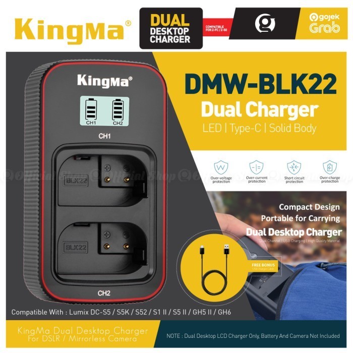Baxxtar DMW-BLK22 E Dual LCD-acculader – USB-C & MicroUSB Ingang, Geschikt Voor Panasonic Lumix S5, GH5, GH6, GH7, G9, S9