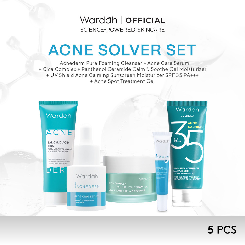 Wardah [5 pcs] Paket Skincare Solusi Masalah Kulit - Face Wash, Moisturizer, Serum, Sunscreen, & Toner (Acnederm, Cica, Panthenol, UV Shield, Amino Facial Wash, Airy, Crystal Secret, Lightening)