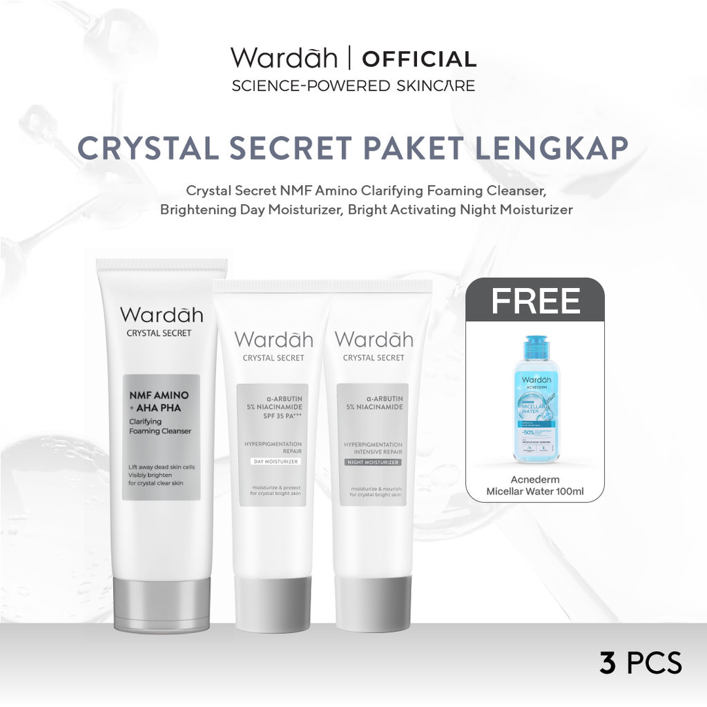 [118K GET 3] Paket Crystal Secret Lengkap - NMF Amino + AHA PHA Clarifying Foaming Cleanser 100 m, ?-Arbutin 5% Niacinamide Day Moisturizer 15 g, Bright-Peptide™ 5% Niacinamide Night Moisturizer 15 g - Perawatan Kulit Wajah Sebening Kristal