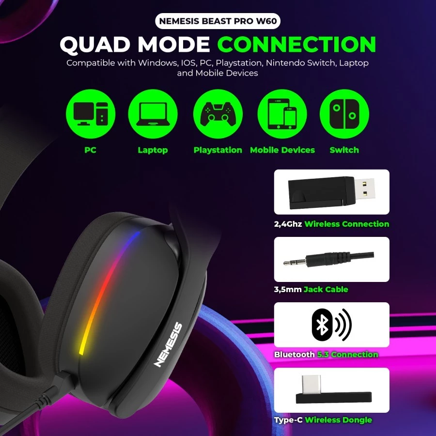 Nyk Nemesis Beast Pro W60 7.1 Rgb Trimode Wireless Gaming Headset