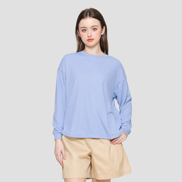 Connexion Knit Texture Leher Kotak Kaos Lengan Panjang Wanita main image 1