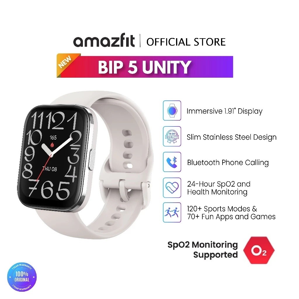 Jual Amazfit Official Bip 5 Unity 46mm Smartwatch with Bluetooth Phone Call 1.91 Extra large Screen 120 Sports Modes 24 Hour Blood oxygen and Health Monitoring 11 Day Battery 70 Apps