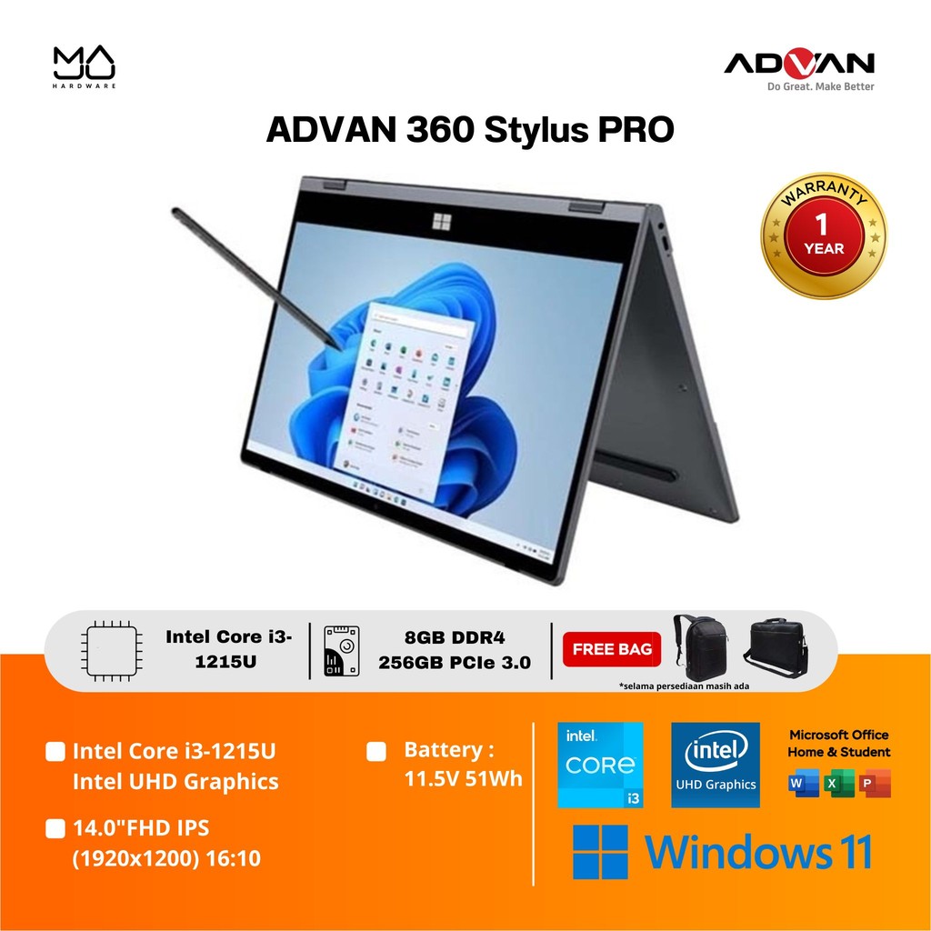 Jual Laptop ADVAN 360 Stylus PRO Intel Core i3-1215U 14”IPS FHD ...