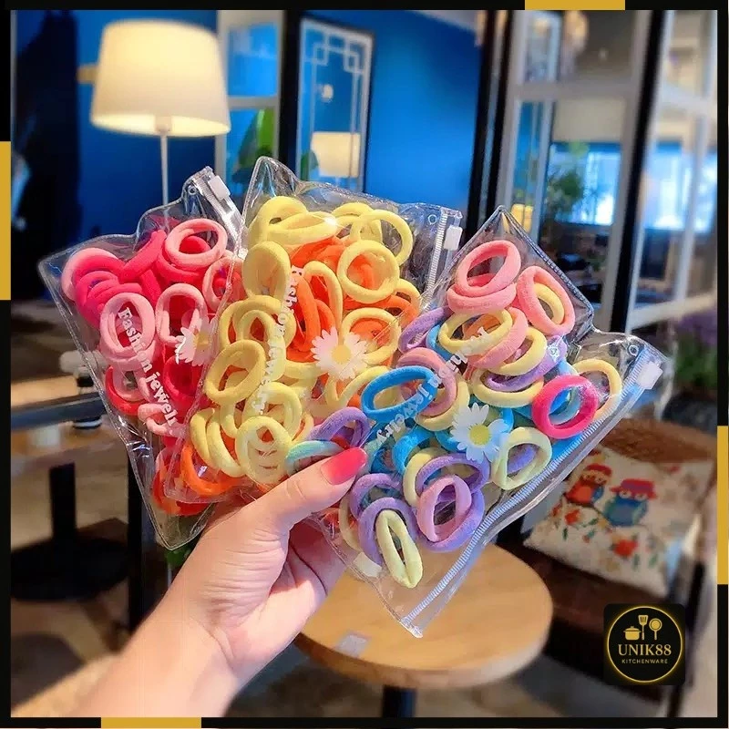 [UNIK88] Ikat Rambut Anak ISI 50PCS Karet Rambut Wanita Korea Plus POUCH | AutoStock