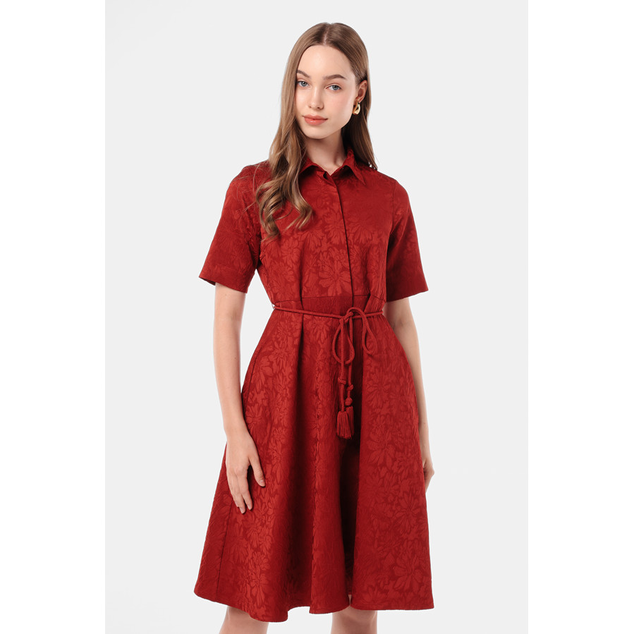 MINIMAL Peregrina Dress Jacquard Sabuk Tassel Wanita Red