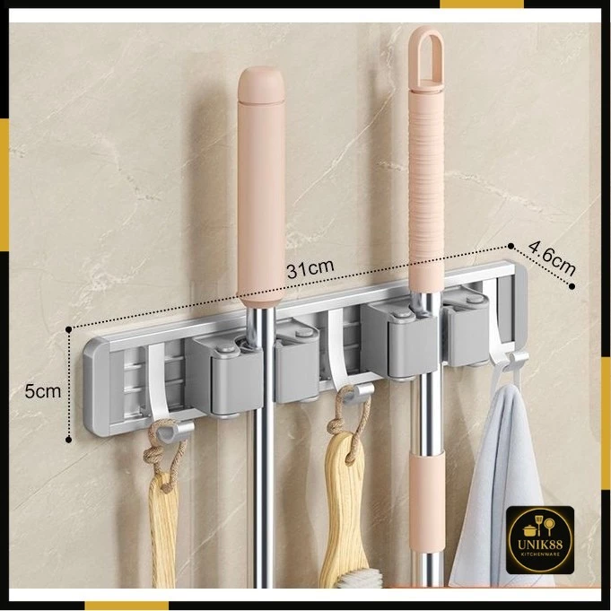 [UNIK88] Gantungan Sapu Pel Alumunium 2 Slot 3 Kait | AutoStock