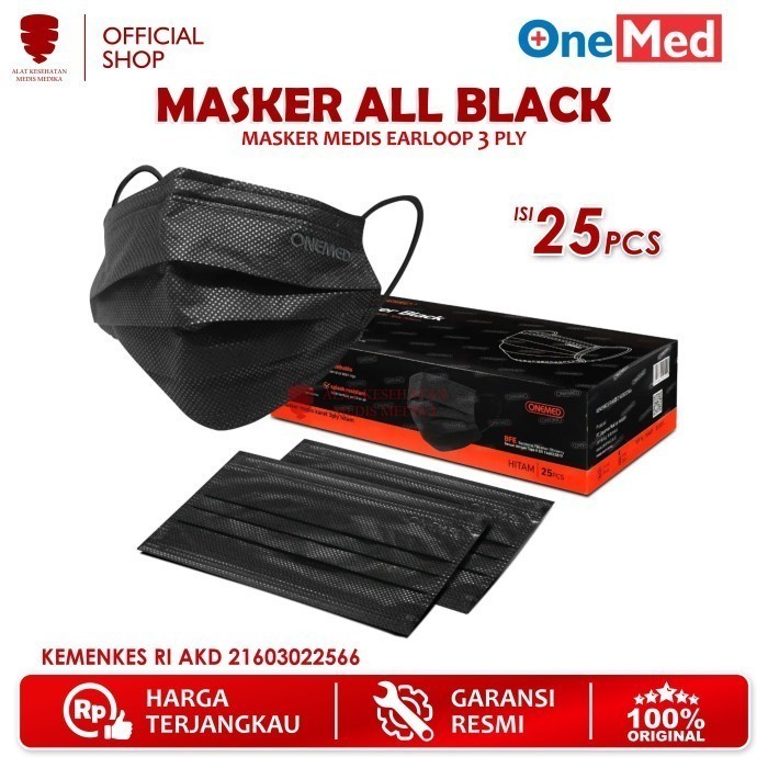 Jual Onemed Masker All Black Isi 25 Earloop 3ply Face Mask Disposable ...
