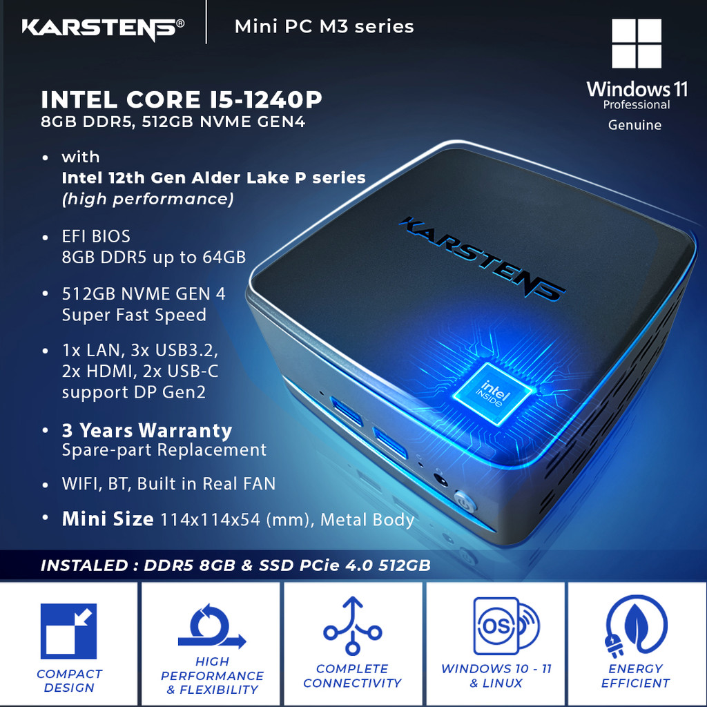 KARSTENS Mini PC M3 Intel i5 1240P RAM 8GB DDR5 512GB SSD PCIE GEN 4 Windows 11 Pro GARANSI 3 TAHUN