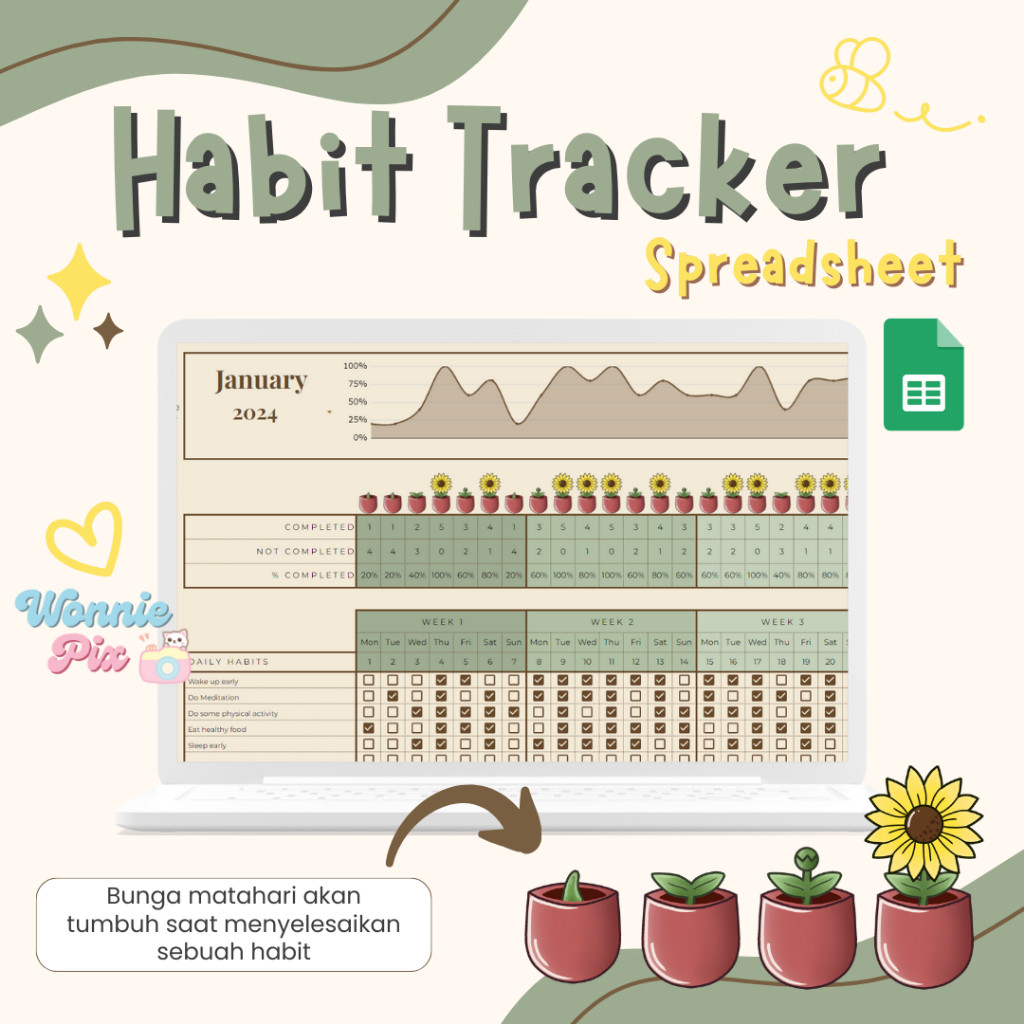 Jual Brikfid.pro Habit Tracker Spreadsheet - Sunflower | Daily Weekly ...