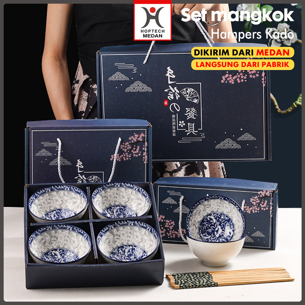 Hoptech - 4pcs Hampers Mangkok Set Piring Keramik Set | Parcel Keramik Set |  Gift Set Hampers | Mangkok Set Japaness Style [Medan Ready Stock][COD]
