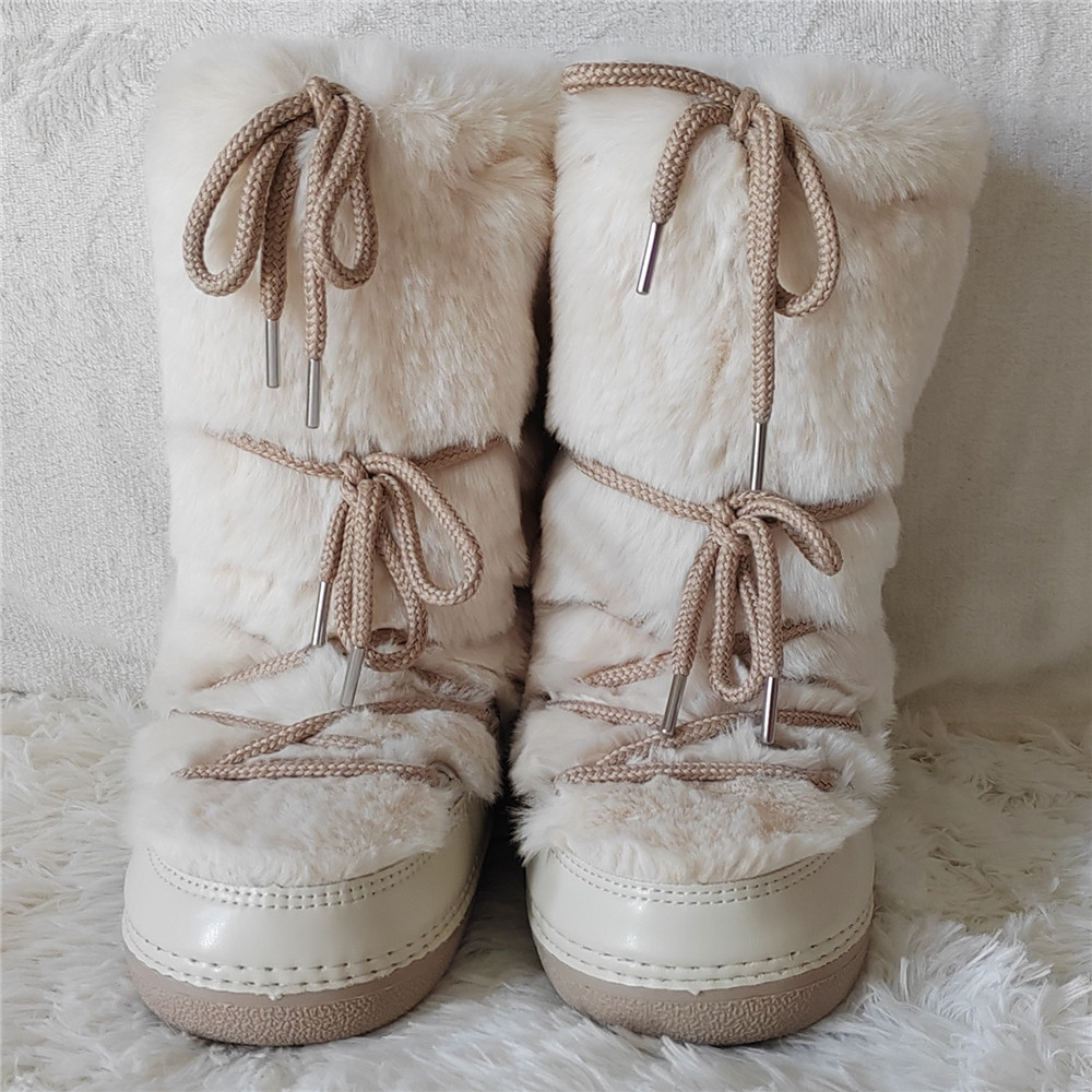 Women Faux Fur Boots Trend 2024 Winter Luxury Soft Fluffy Furry Fuzzy Boots  Woman Waterproof Lace-up Middle Calf Fur Boots y2k