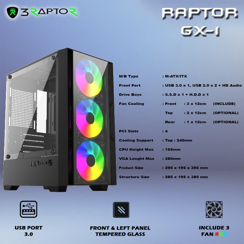 Jual Casing Gaming Raptor GX-1 - Free 3 Fan RGB + USB 3.0 | Shopee ...