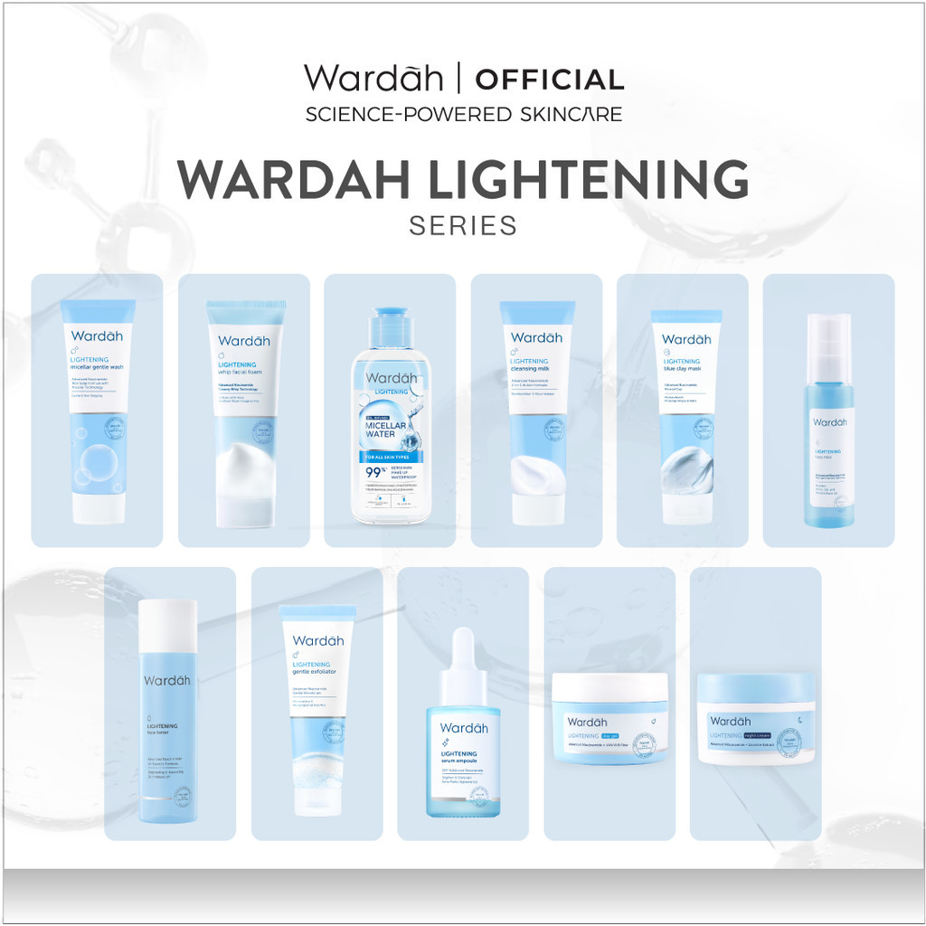 Wardah Lightening All Series Lengkap - Micellar Gentle Wash, Whip Facial Foam, Oil-Infused Micellar Water, Cleansing Milk, Blue Clay Mask, Face Mist, Face Toner, Gentle Exfoliator, Serum Ampoule, Day Night Cream Advanced Niacinamide